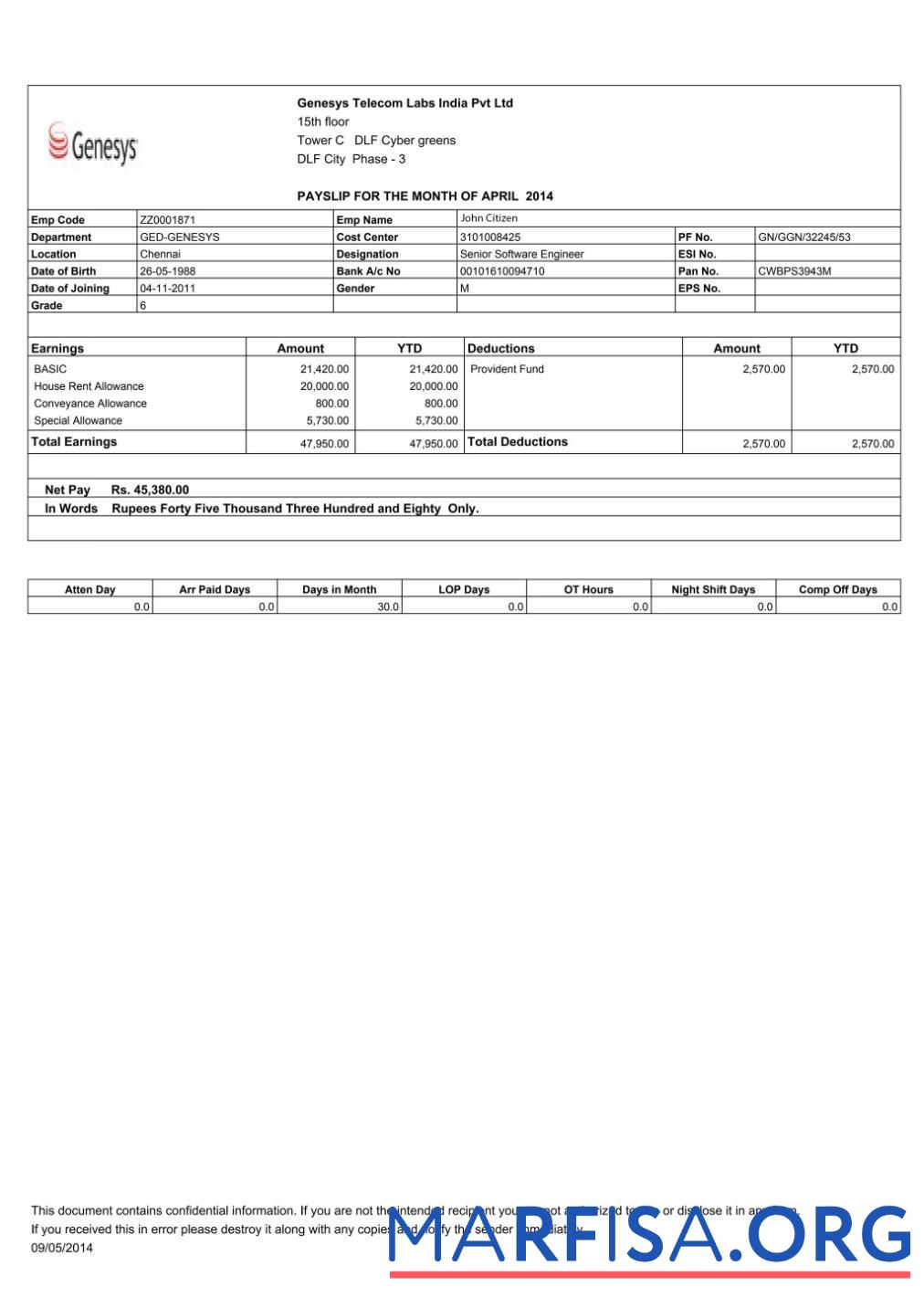 Blank India Genesys Telecom Labs India Pvt Ltd payslip example